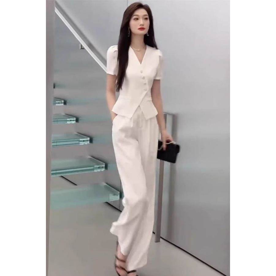 超好看时尚套装女2026夏季职业高级斜纽扣西服上衣修身长裤两件套
