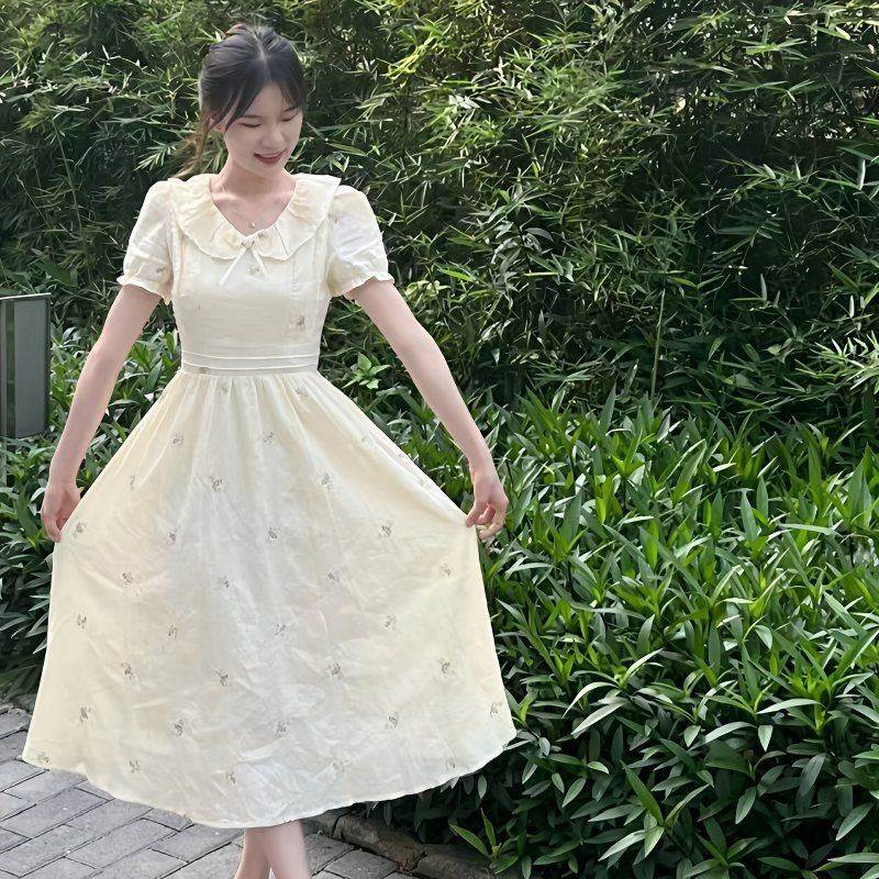 夏季法式桔梗茶歇chic复古温柔风娃娃领碎花连衣裙女高腰显瘦裙子图片
