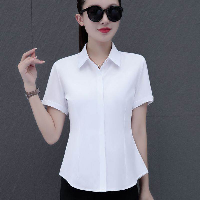 雪纺短袖衬衫女职业2026夏季新款韩版修身工作服工装白色免烫衬衣