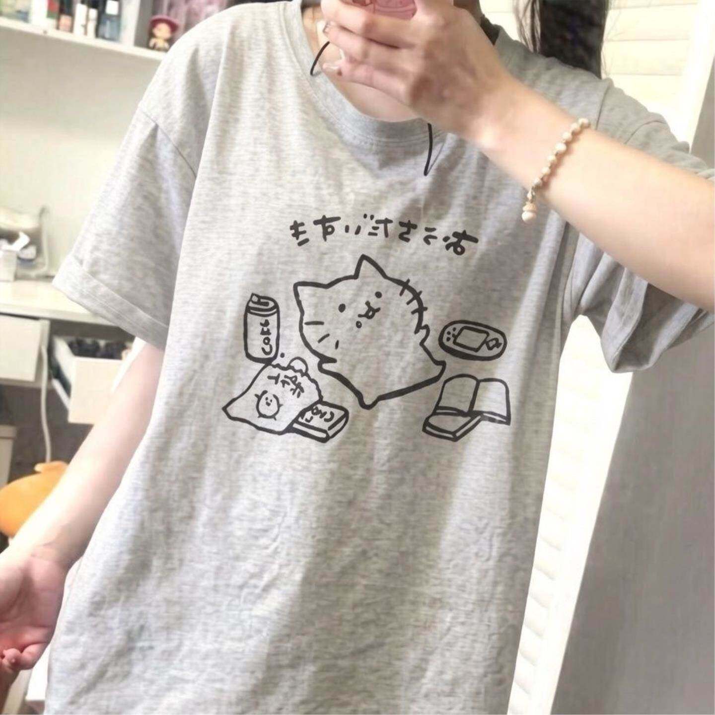 洋气趣味日语宅系无计划什么也不想做猫咪短袖上衣女T恤夏