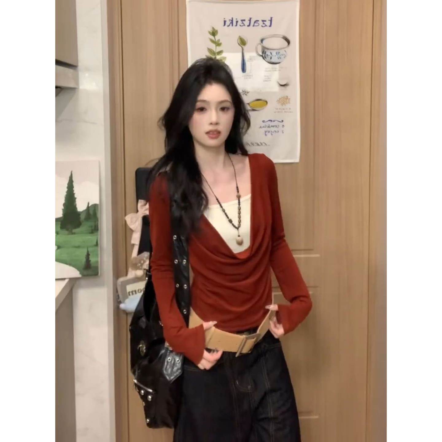 纯欲后背镂空串珠假两件长袖T恤女高级感一字领秋冬修身内搭上衣