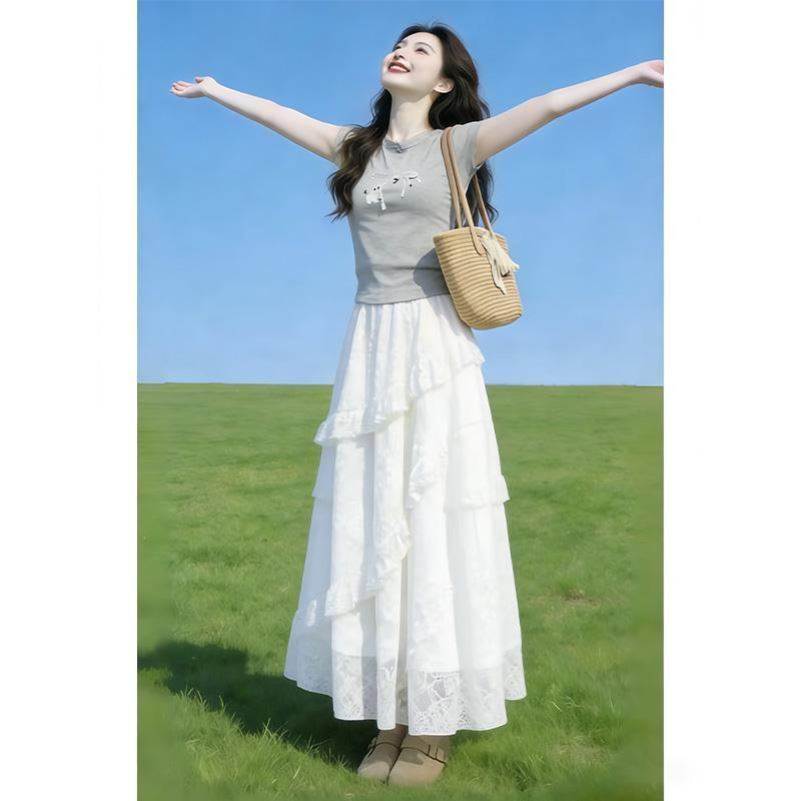 甜美风灰色短袖白色蕾丝蛋糕裙套装女夏温柔风仙女裙显瘦两件套
