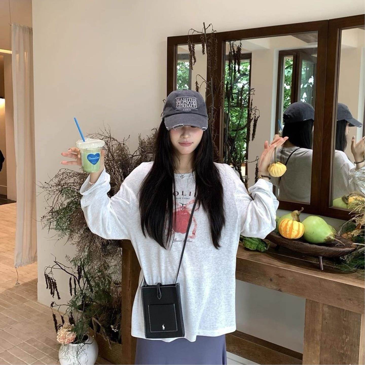 苹果韩系印花上衣防晒宽松圆领休闲遮肉露丝同款百搭显瘦