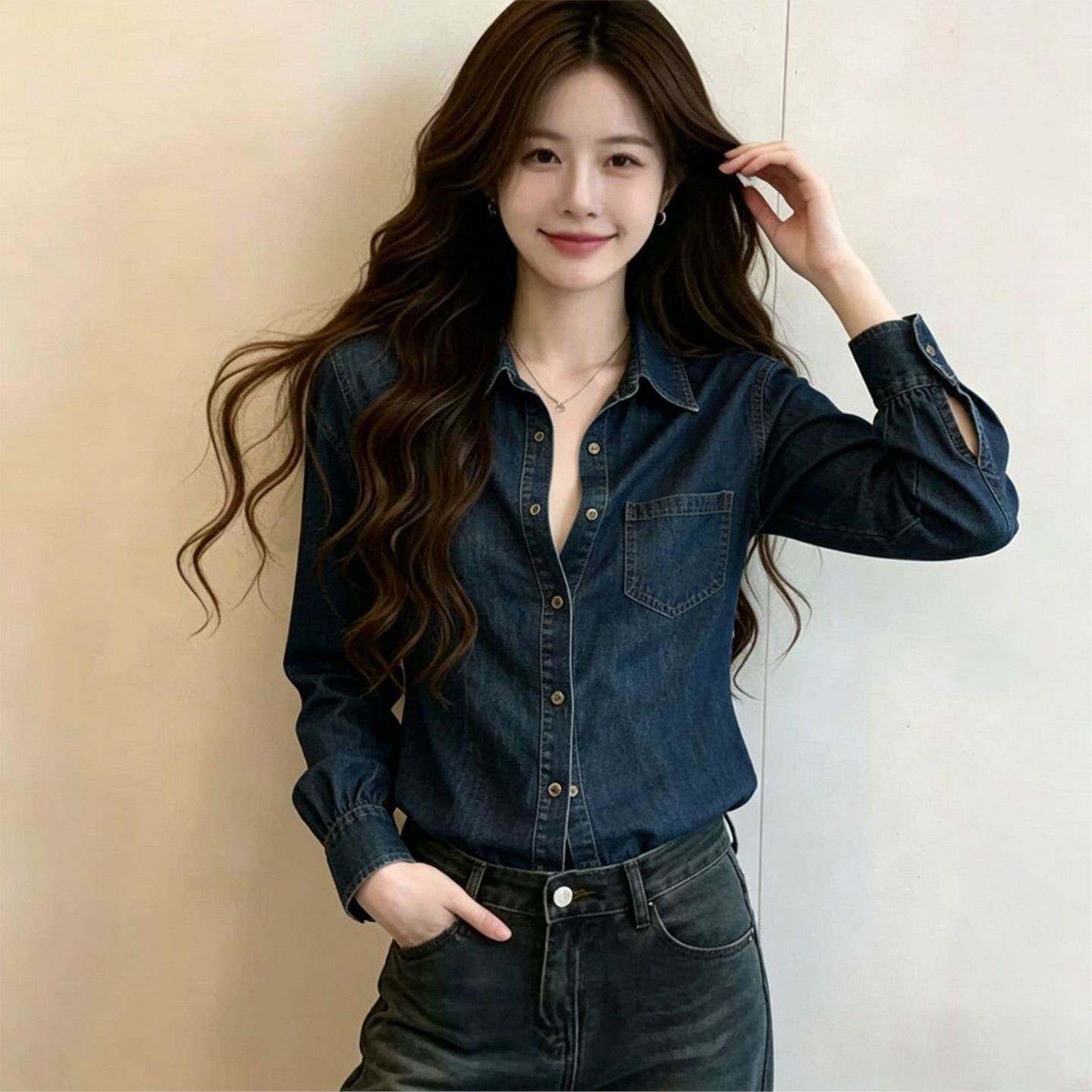 复古深色牛仔衬衫女春季收腰显瘦喇叭袖设计感小众长袖上衣百搭