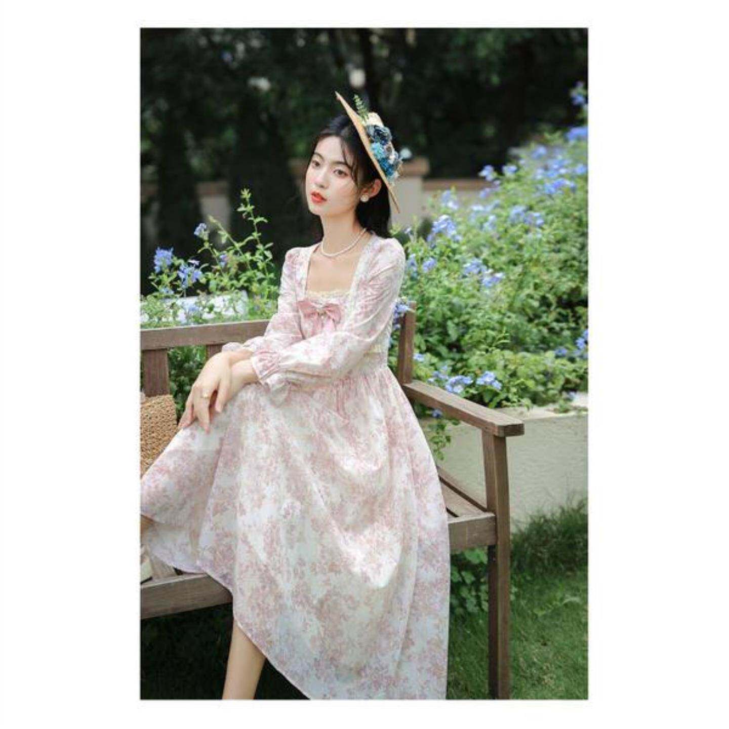法式甜美碎花长袖连衣裙女春季高级感气质长裙收腰温柔风仙女裙子
