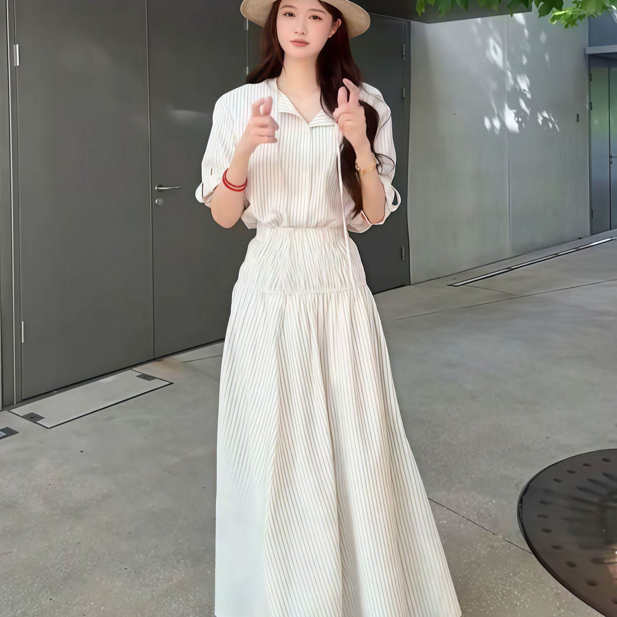 法式温柔风套装条纹翻领衬衫女春季褶皱垂感半身裙a字长裙两件套