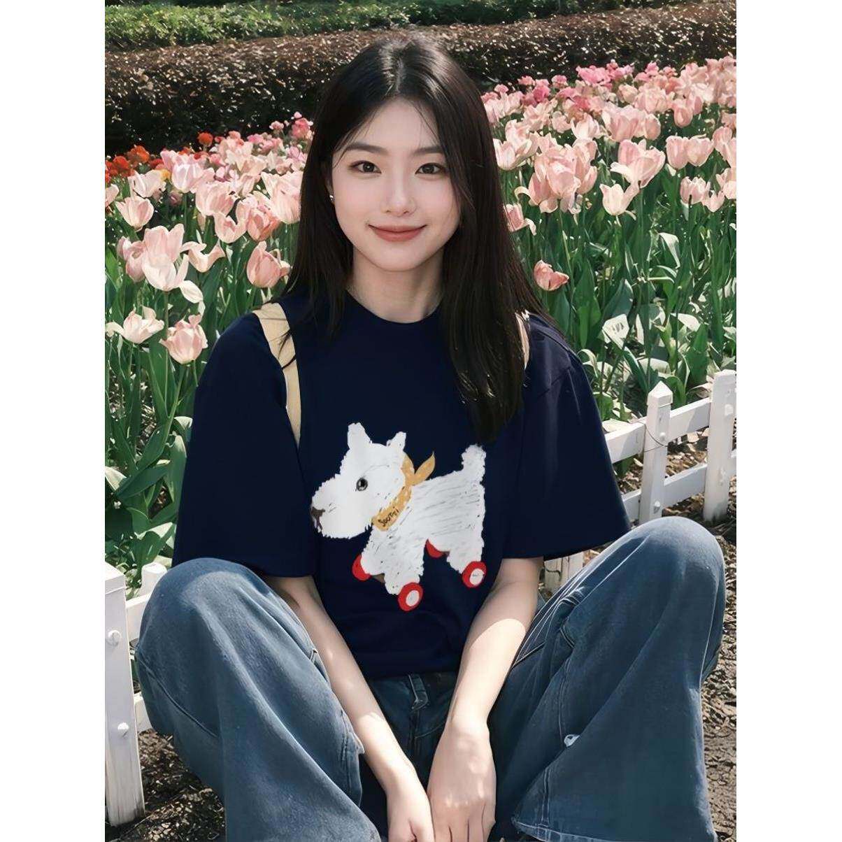 棉卡通轮滑狗狗印花夏季甜美短袖t恤女宽松上衣