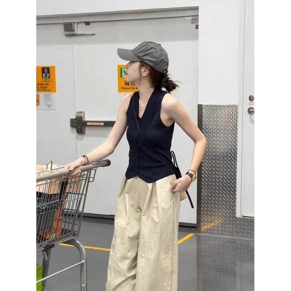 韩系藏蓝色领冰丝针织小背心女夏季收腰显瘦外穿无袖吊带上衣