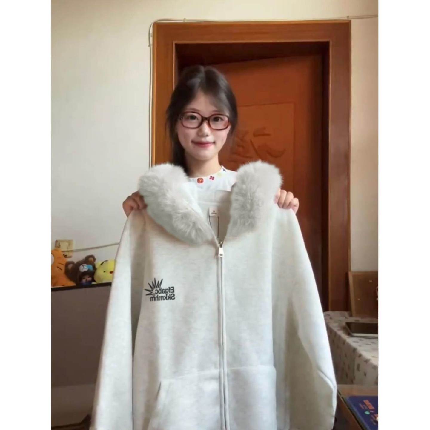 洋气减龄美式高街风连帽卫衣男女春夏宽松加绒加厚爆款开衫外套