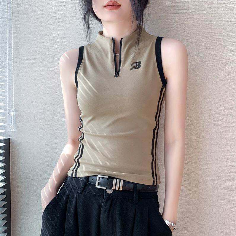 双色拉链立领无袖背心女2026春季新款修身字母印花开衫内搭打底衫