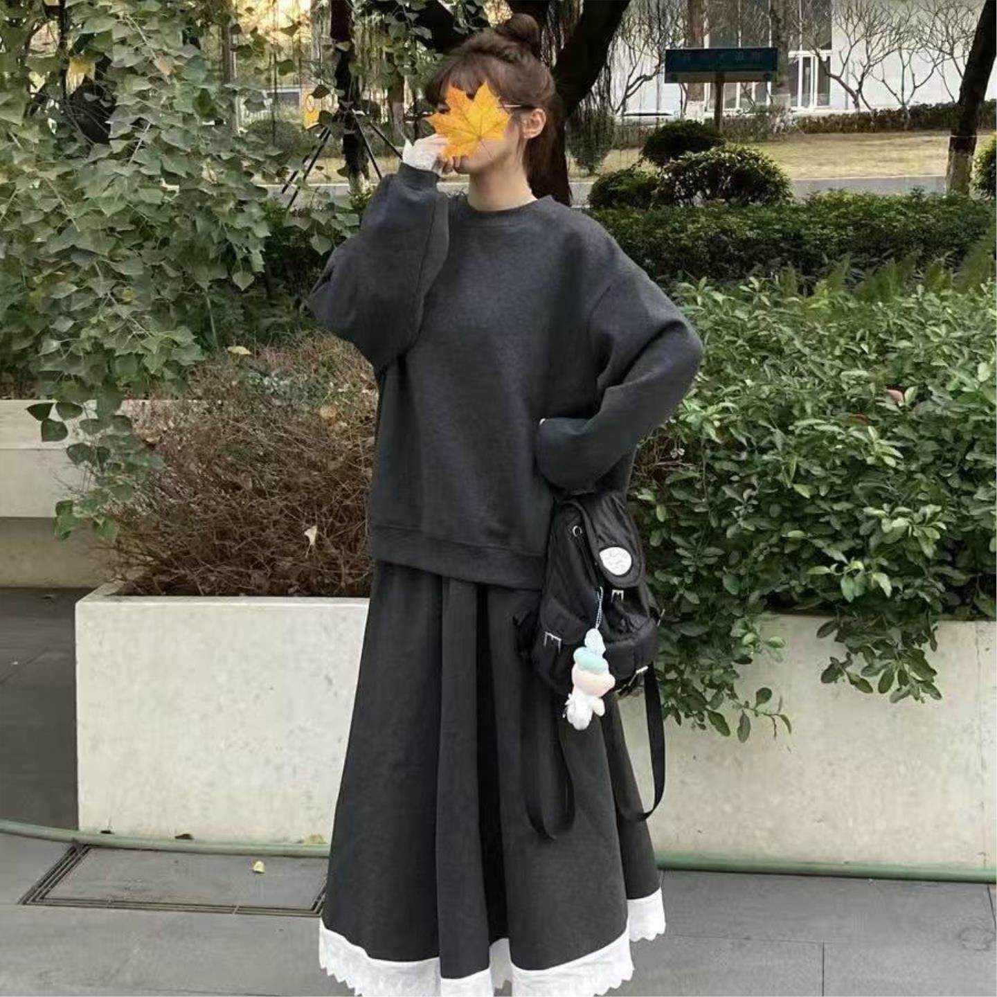 灰色运动套装春夏2026新款韩系休闲感卫衣花边半身裙两件套高级女