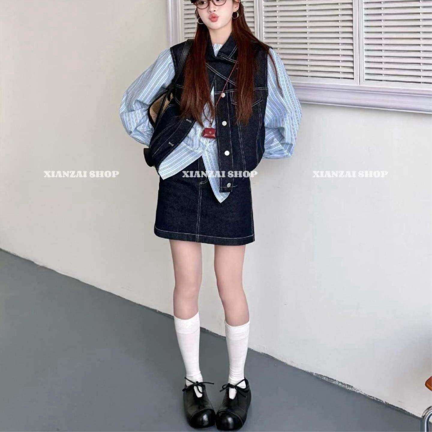 早秋新款韩系休闲时尚条纹衬衫牛仔马甲裙子三件套装女大码女装