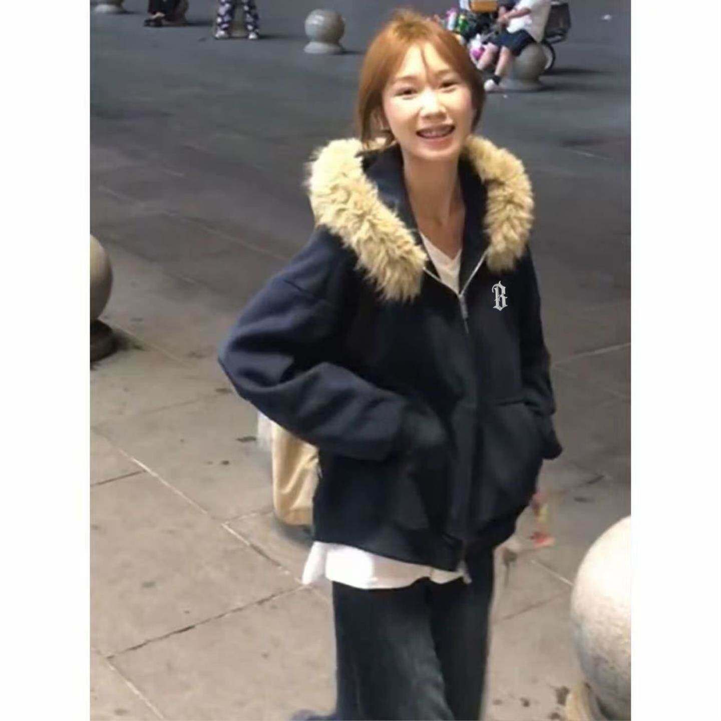 洋气减龄韩版毛领蓬松连帽卫衣男女春夏宽松加绒加厚开衫外套ins