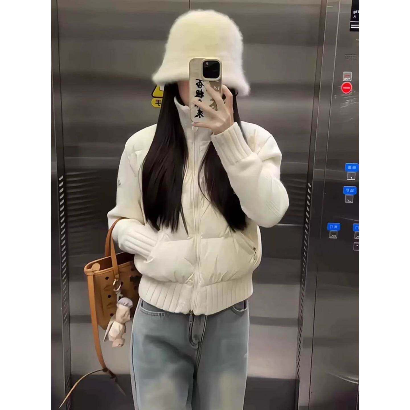 韩系甜美粉色针织拼接立领短款棉服冬季新款设计感保暖修身外套女