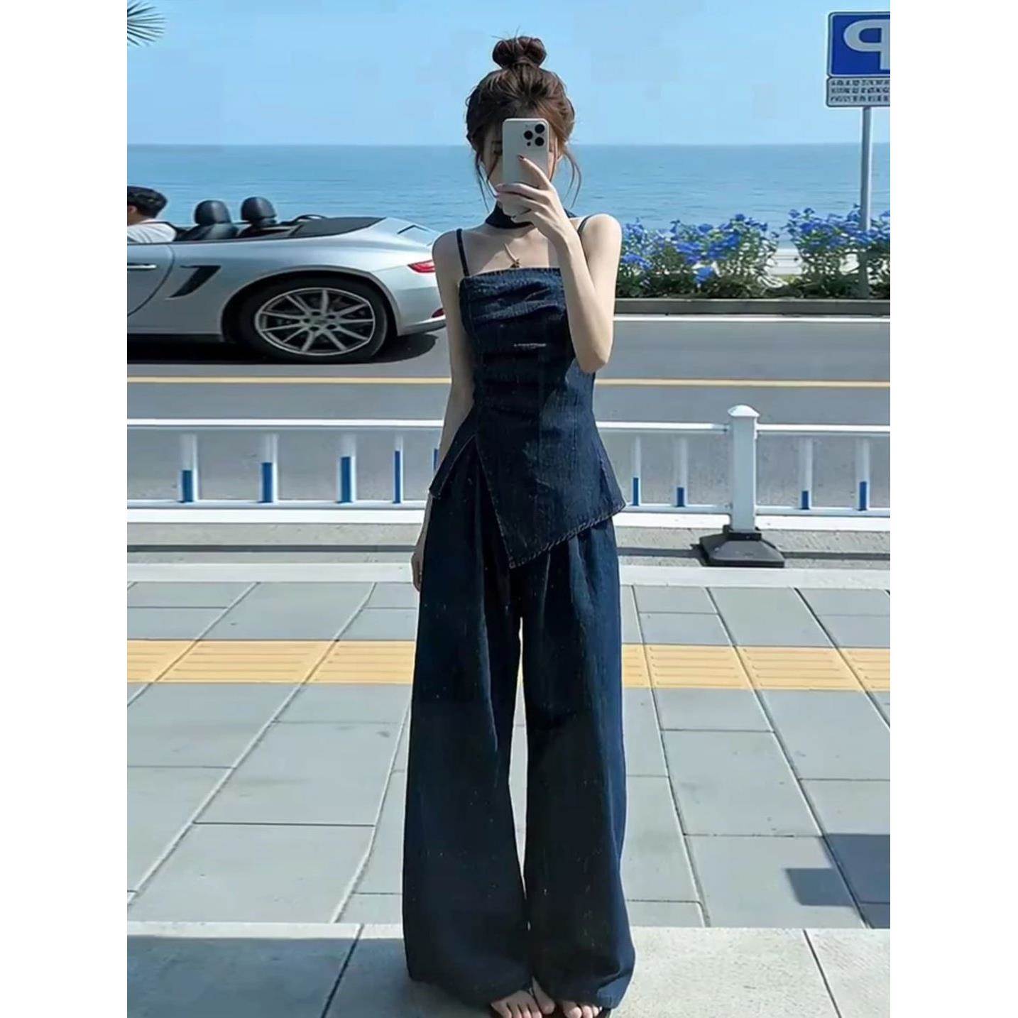 港风复古不规则褶皱吊带上衣高腰阔腿裤两件套女夏季时尚牛仔套装