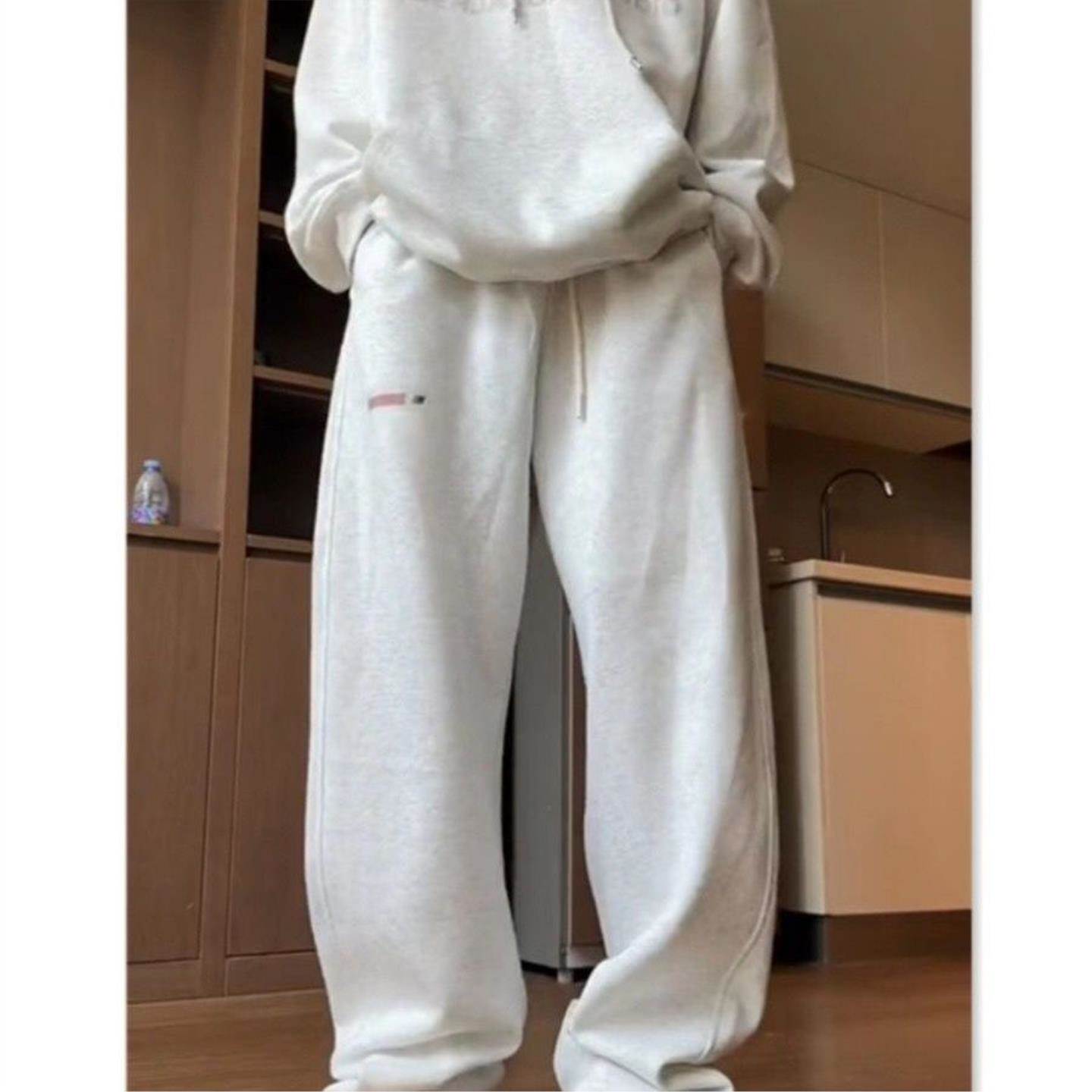 美式复古运动服套装女春秋宽松灰色连帽卫衣时尚休闲两件套