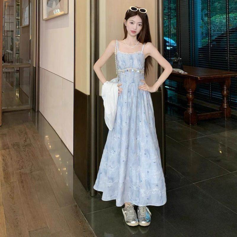 重工刺绣碎花吊带套装裙子女洋气荷叶边针织披肩遮肚连衣裙两件套