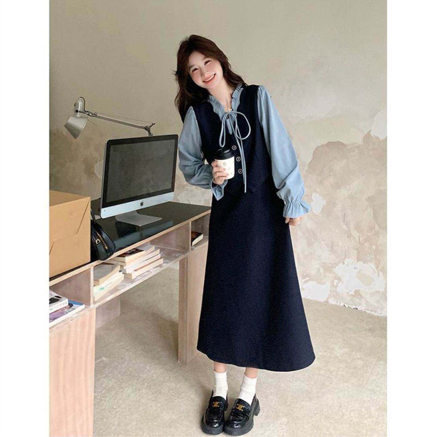 藏青色拼接马甲连衣裙女2026春秋新款韩系气质收腰显瘦小个子长裙