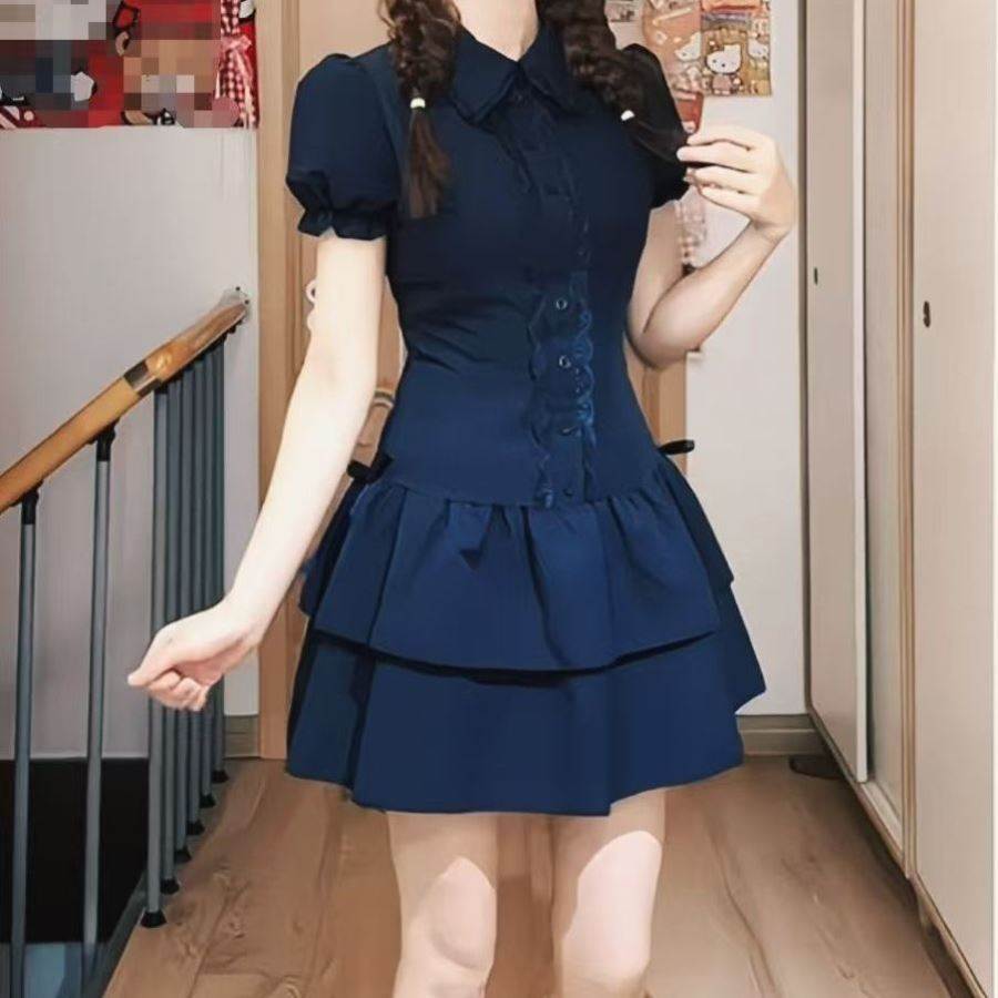 深蓝色学院风复古连衣裙小众设计感蕾丝拼接百搭夏季新款韩系