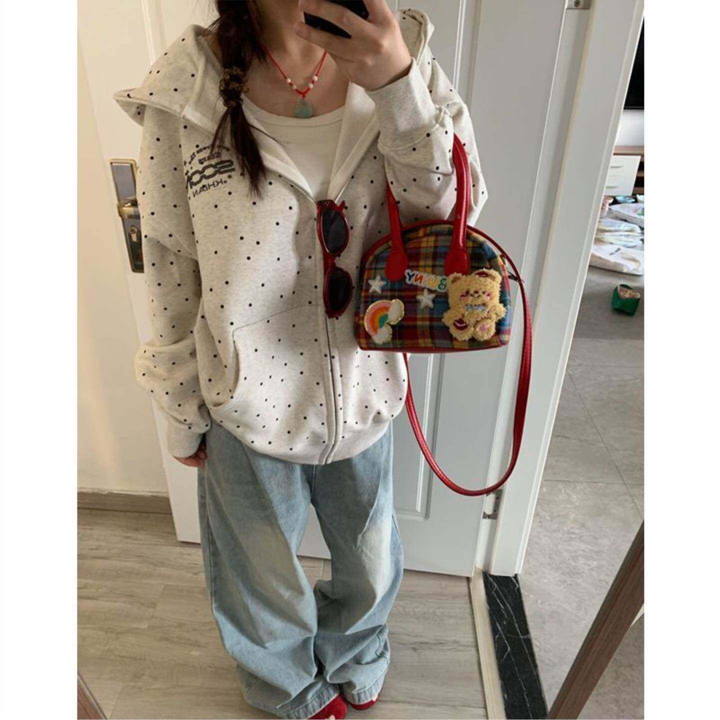 灰白色卫衣外套女上衣春秋2026新款加绒加厚休闲美式复古印花开衫