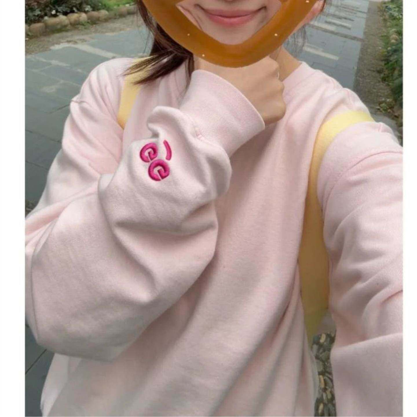 美式圆领卫衣女2026新款秋冬加绒粉色宽松慵懒小个子刺绣无帽上衣