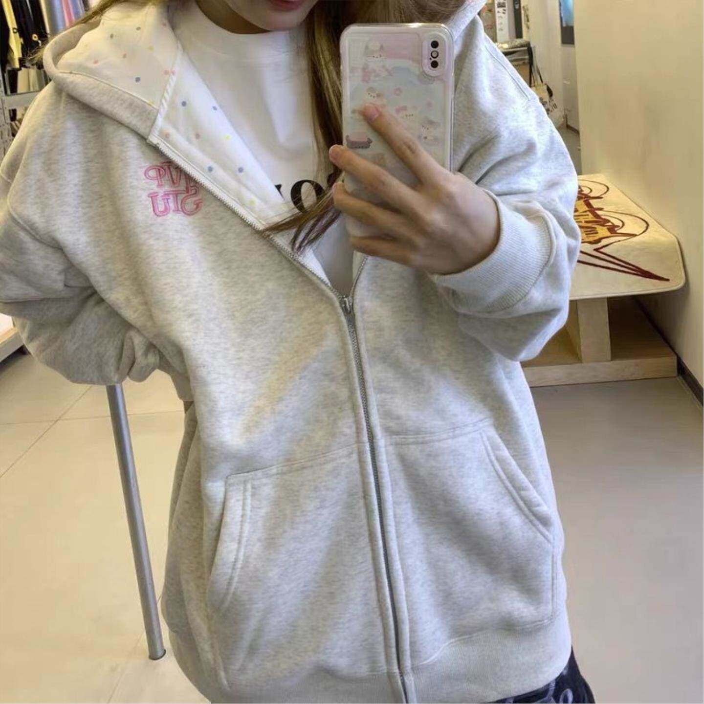 韩版学生宽松卫衣女秋春季时尚盐系棉波点拉链外套宽松休闲百搭