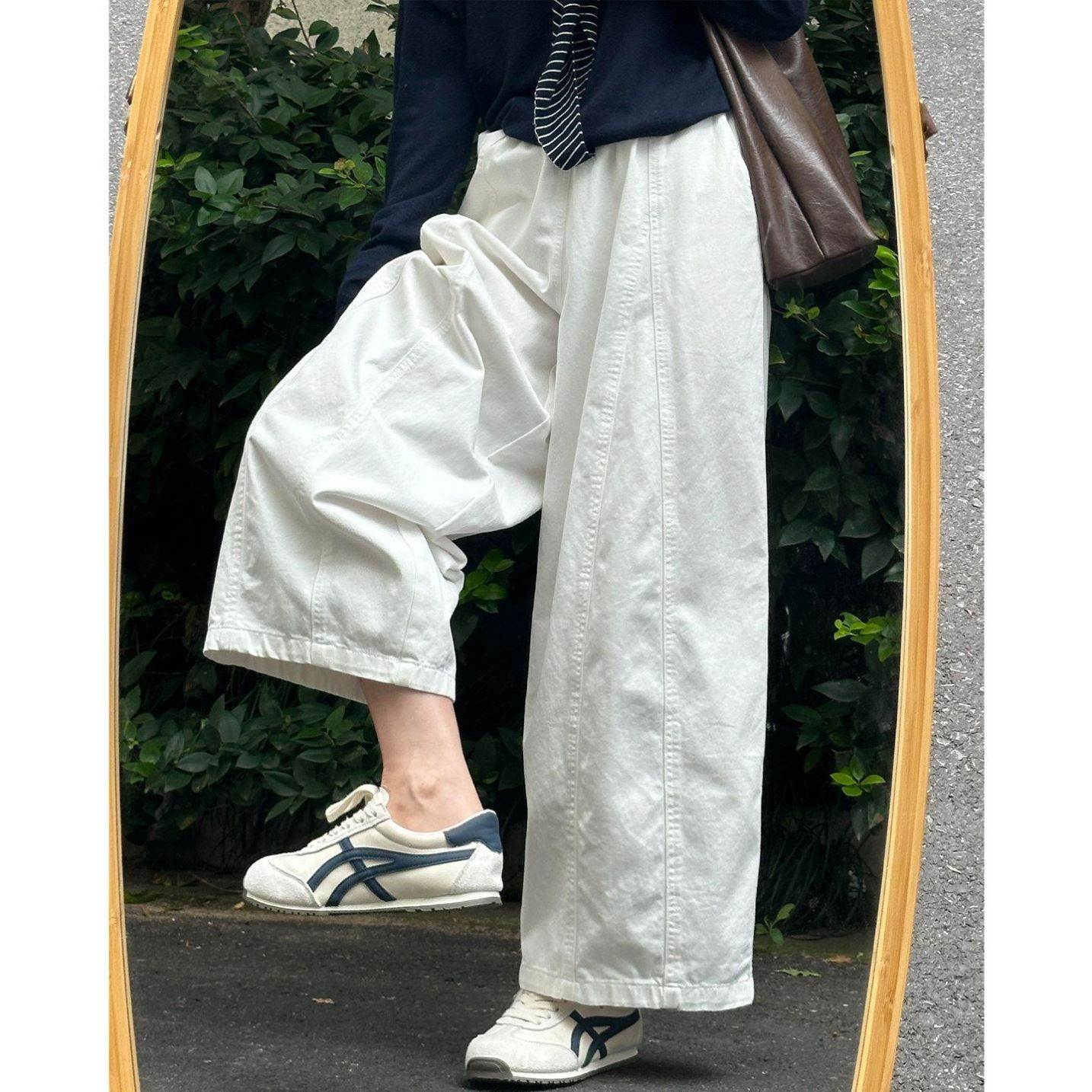 日系白色休闲阔腿弯刀裤女夏2026新款简约微弹高腰显瘦速干休闲裤