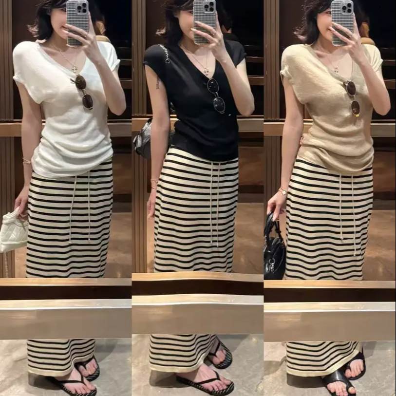 松弛感穿搭韩版女夏季V领百搭软糯针织衫短袖A字裙针织条纹直筒裙