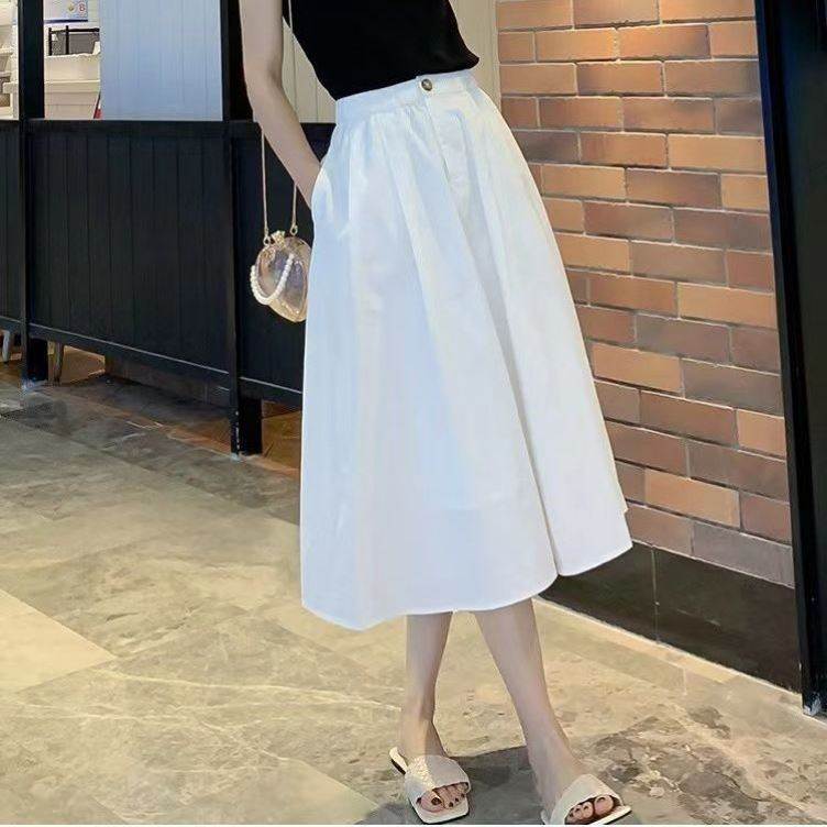 洗水棉白色半身裙女2026新款字裙中长款显瘦百褶裙子高腰伞裙夏