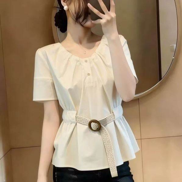 时尚圆领系带收腰短袖衬衫女夏季大码胖妹妹韩版设计感显瘦上衣