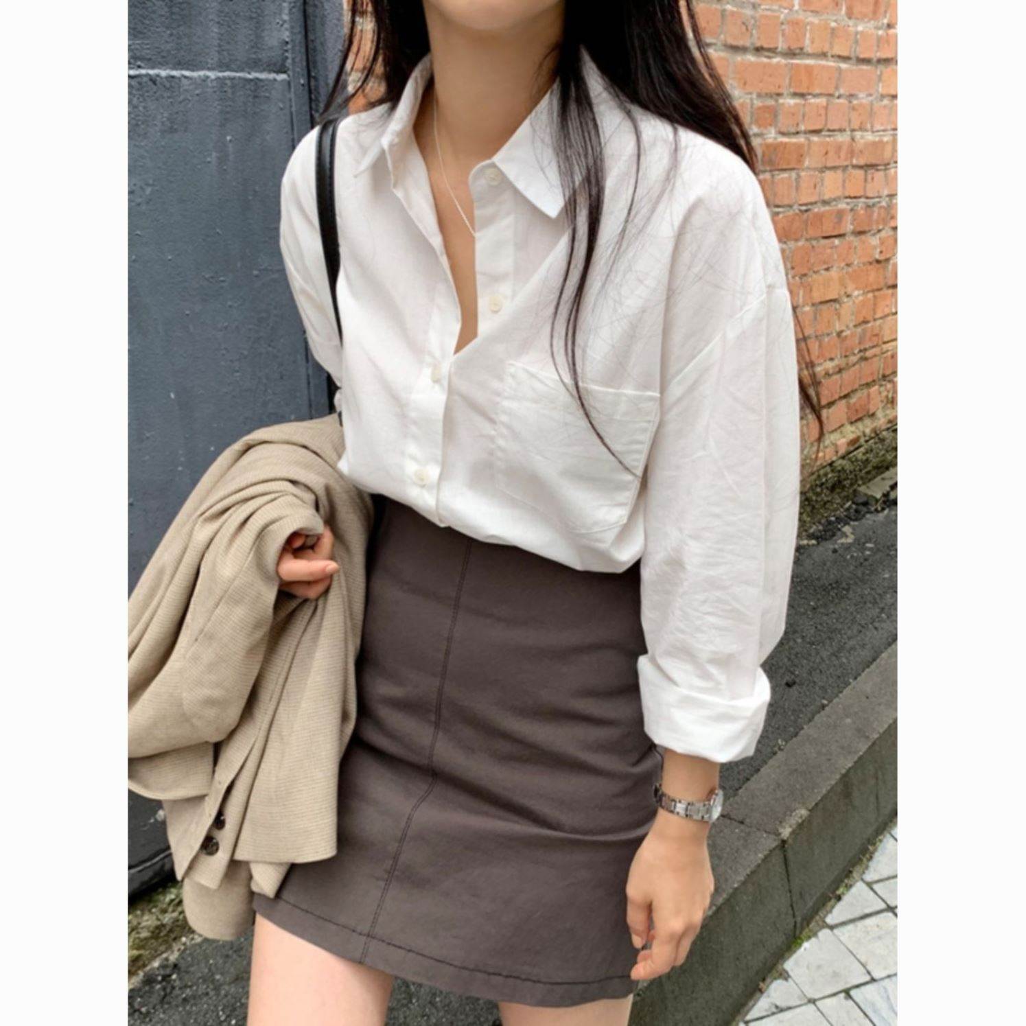 棉盐系春秋百搭白衬衫女简约轻奢宽松纯白衬衣慵懒风设计感小众