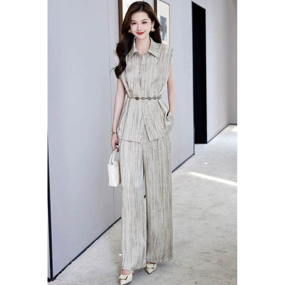 休闲时尚套装女2026夏季新款职业装气质收腰无袖上衣阔腿裤两件套