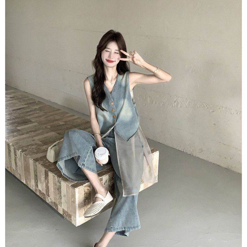 蓝色复古水洗牛仔休闲套装女2026新款网纱拼接上衣阔腿裤两件套夏