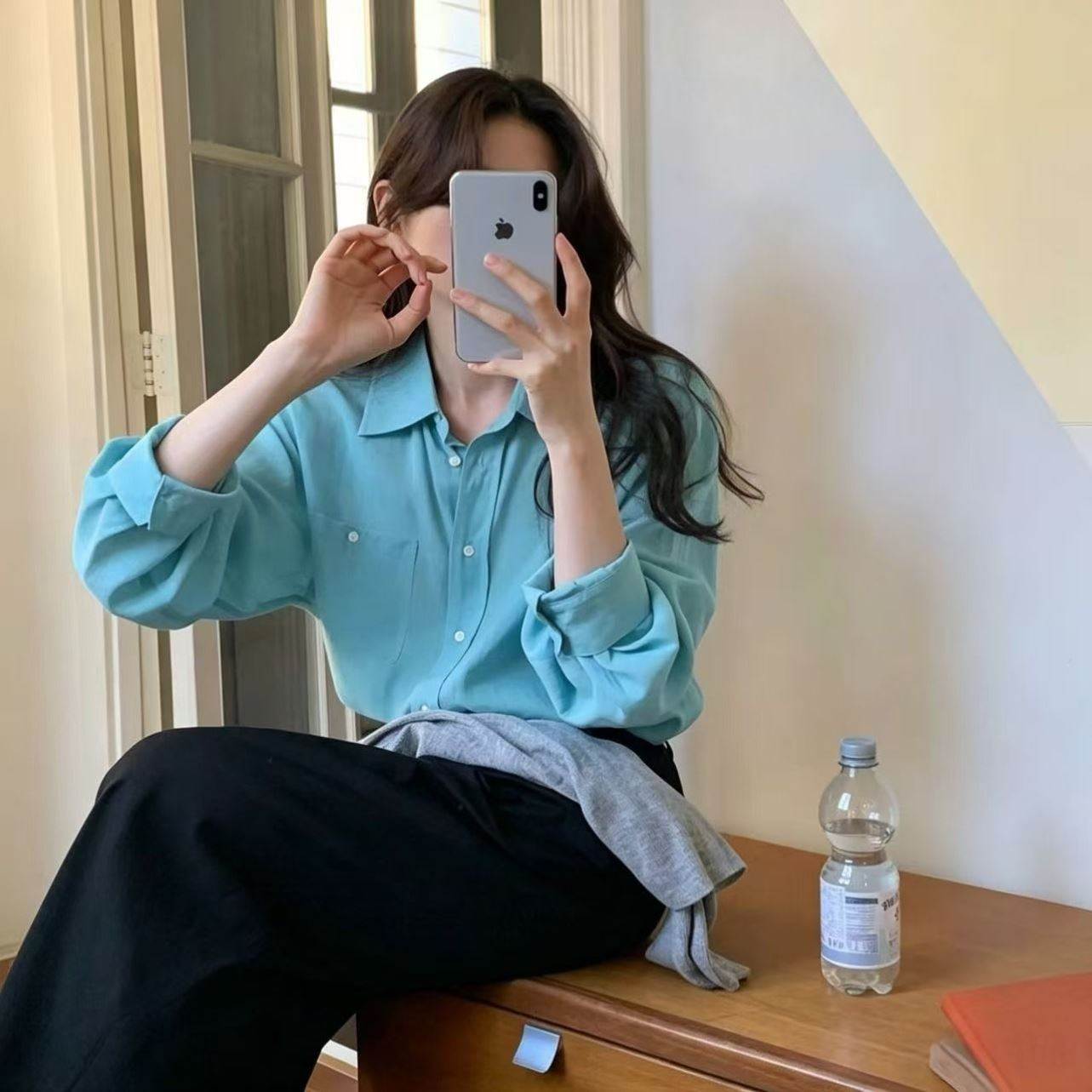 韩系复古衬衫韩版简约百搭纯色休闲宽松显瘦防晒长袖衬衫女