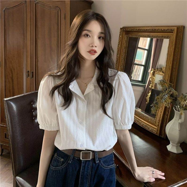 棉蕾丝花边短袖衬衫女夏季小个子甜美娃娃领设计感气质开衫上衣