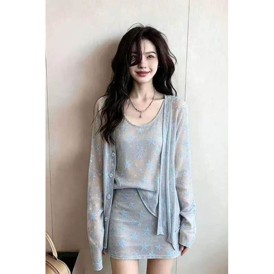 韩系星星针织套装新款女夏季开衫显瘦星图案两件套修身型穿搭大码