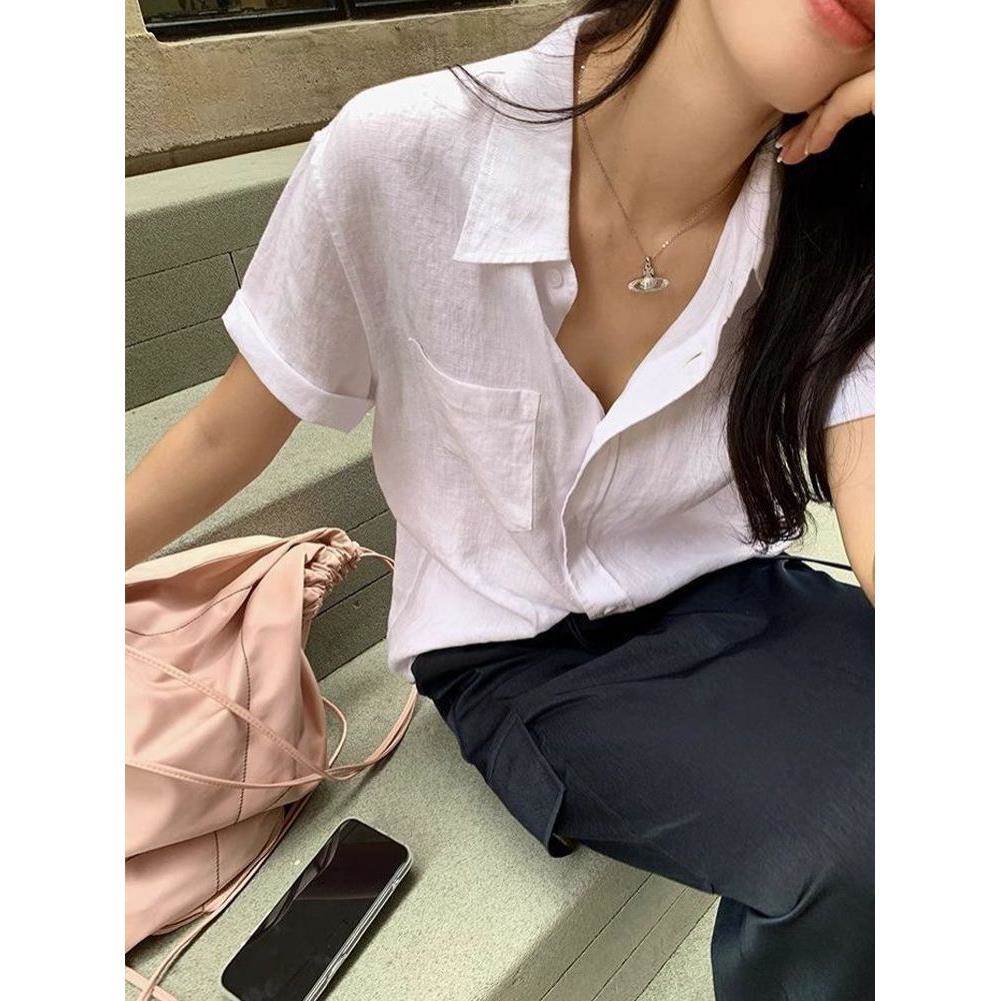 法式简约白色亚麻短袖衬衫女夏季设计感宽松棉麻衬衣通勤气质上衣
