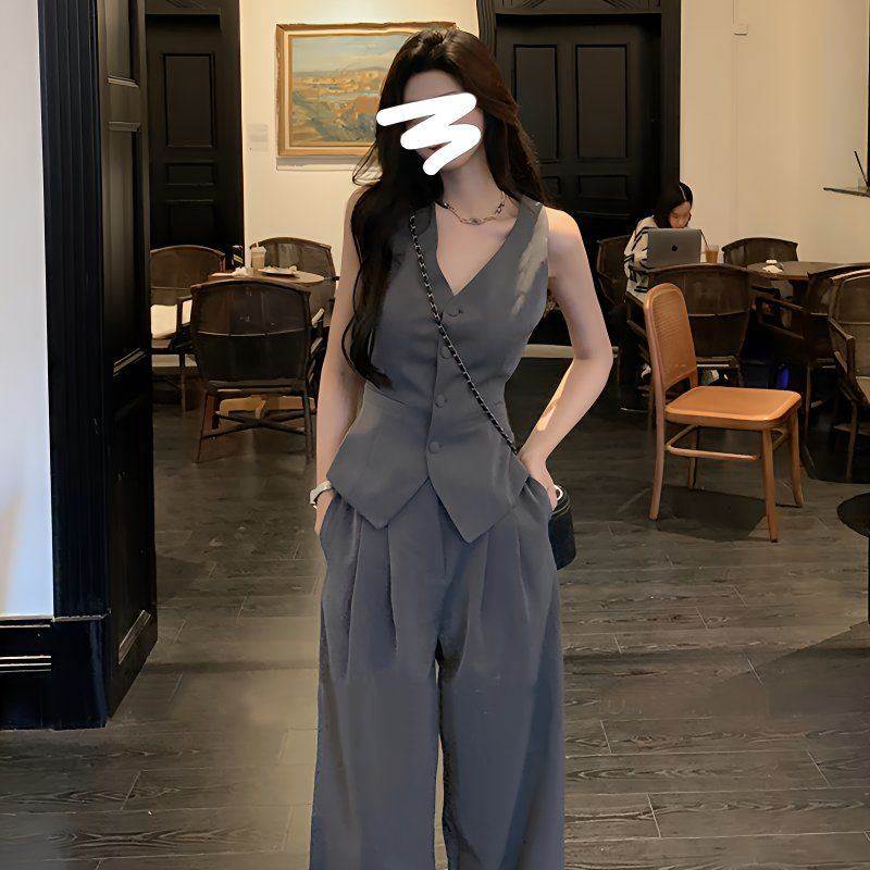盐系轻熟风套装女夏季御姐气质女神范干练气质休闲阔腿西裤两件套