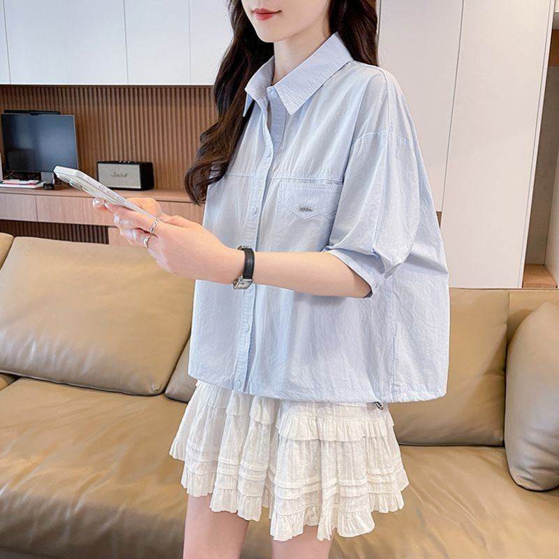 少女棉衬衣女韩版宽松大童夏季学院风初中学生休闲衬衫薄款上衣