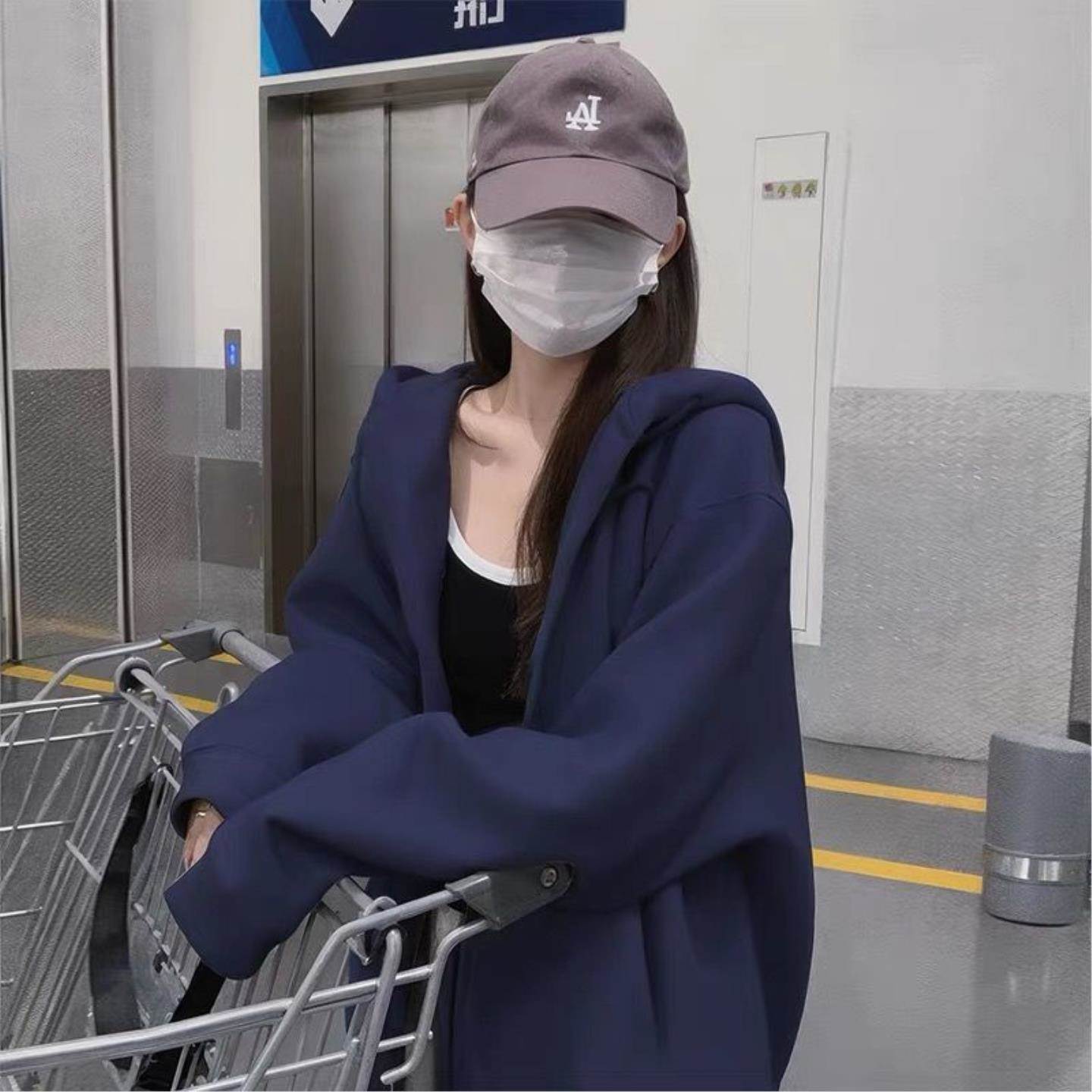 连帽卫衣拉链外套女开衫早春新款藏蓝色秋冬加绒加厚宽松上衣