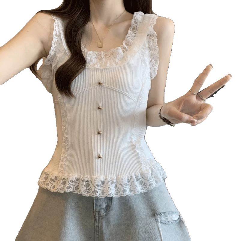 大码女装夏季新款纯欲风辣妹蕾丝吊带背心女设计感小众短款上衣服