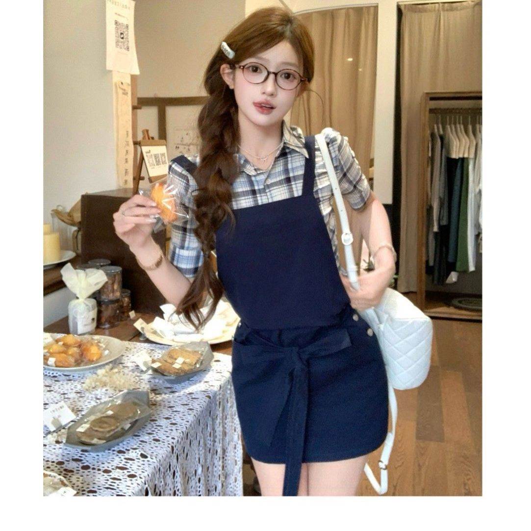 套装女2026夏季新款学院风中袖格子衬衫修身背心裙收腰显瘦背带裙