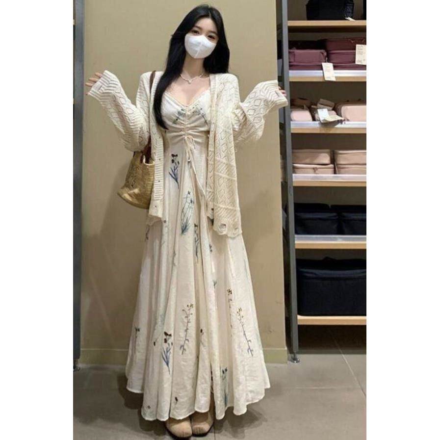大码胖MM春秋女古早碎花收腰吊带连衣裙镂空针织开衫显瘦两件套装