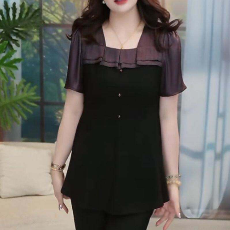 大码女装时尚拼接高弹力黑色小衫2026新款胖人妈妈显瘦遮肉上衣女