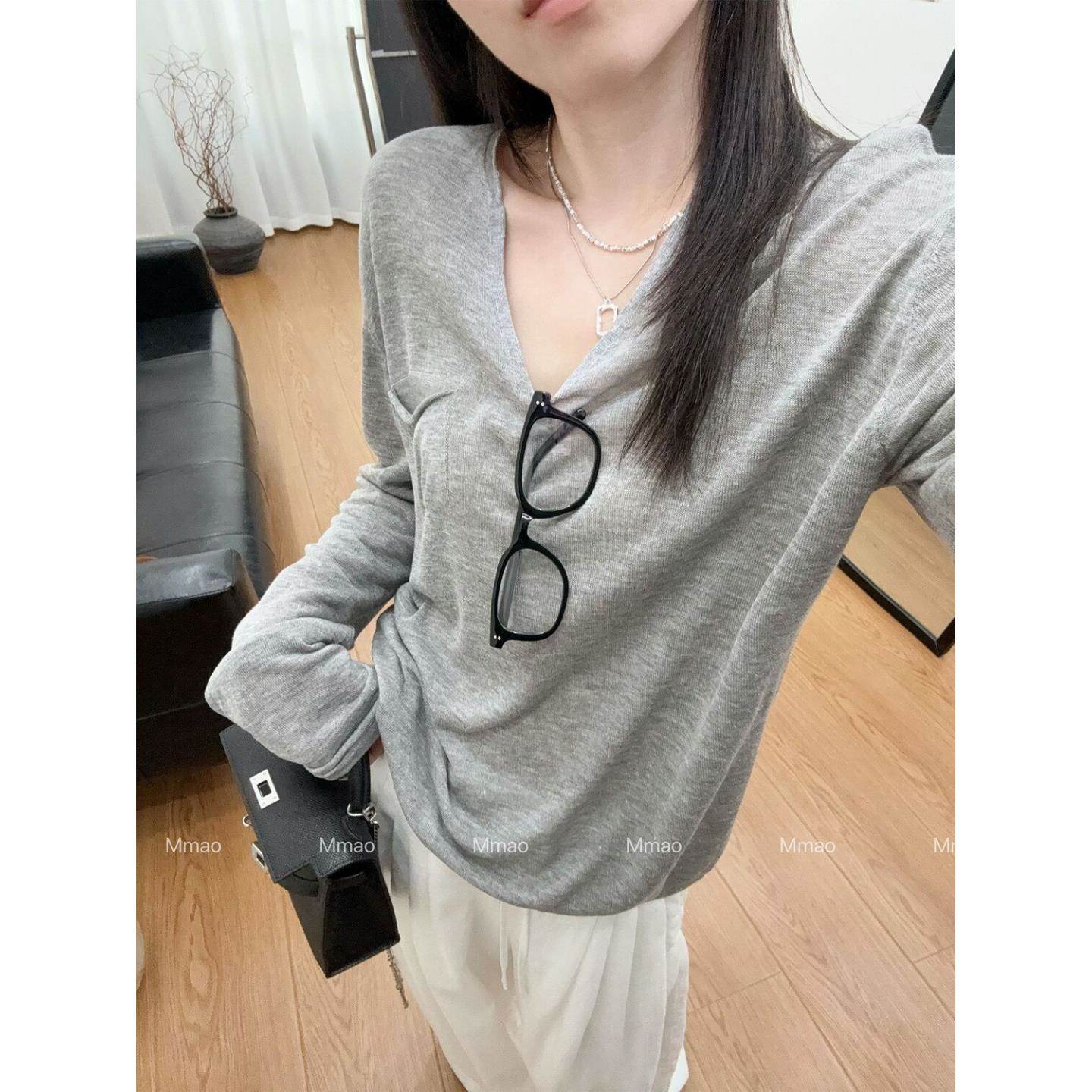 松弛感V领防晒罩衫女秋季轻薄空调长袖t恤针织衫上衣宽松