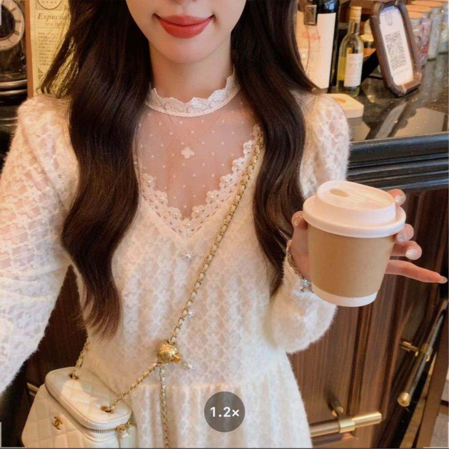 温柔风蕾丝网纱连衣裙女秋春季新款百搭气质显瘦加绒打底内搭长裙