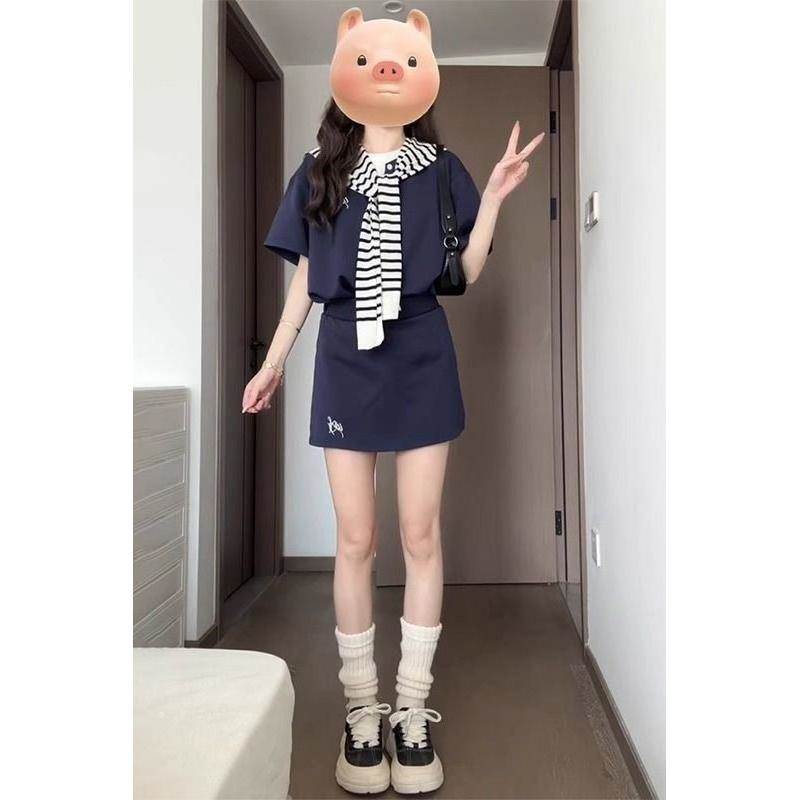 高级感时尚休闲运动套装女夏季新款韩系假两件领短袖短裙三件套
