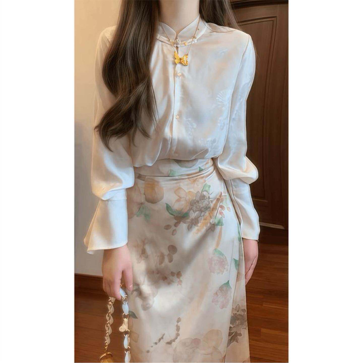 新中式国风复古立领盘扣衬衫高腰印花半身裙套装女
