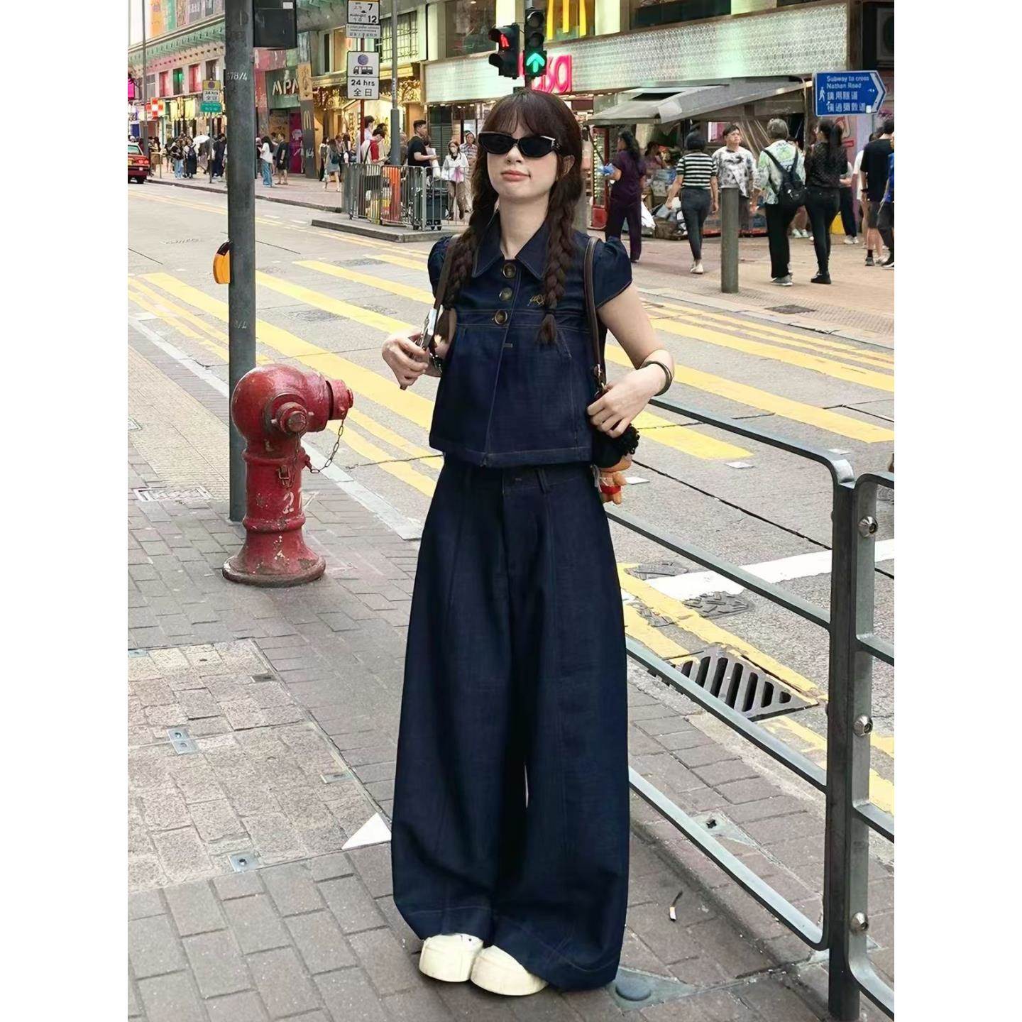 深蓝色短袖牛仔套装女夏季短款翻领马甲高腰阔腿长裤复古两件套