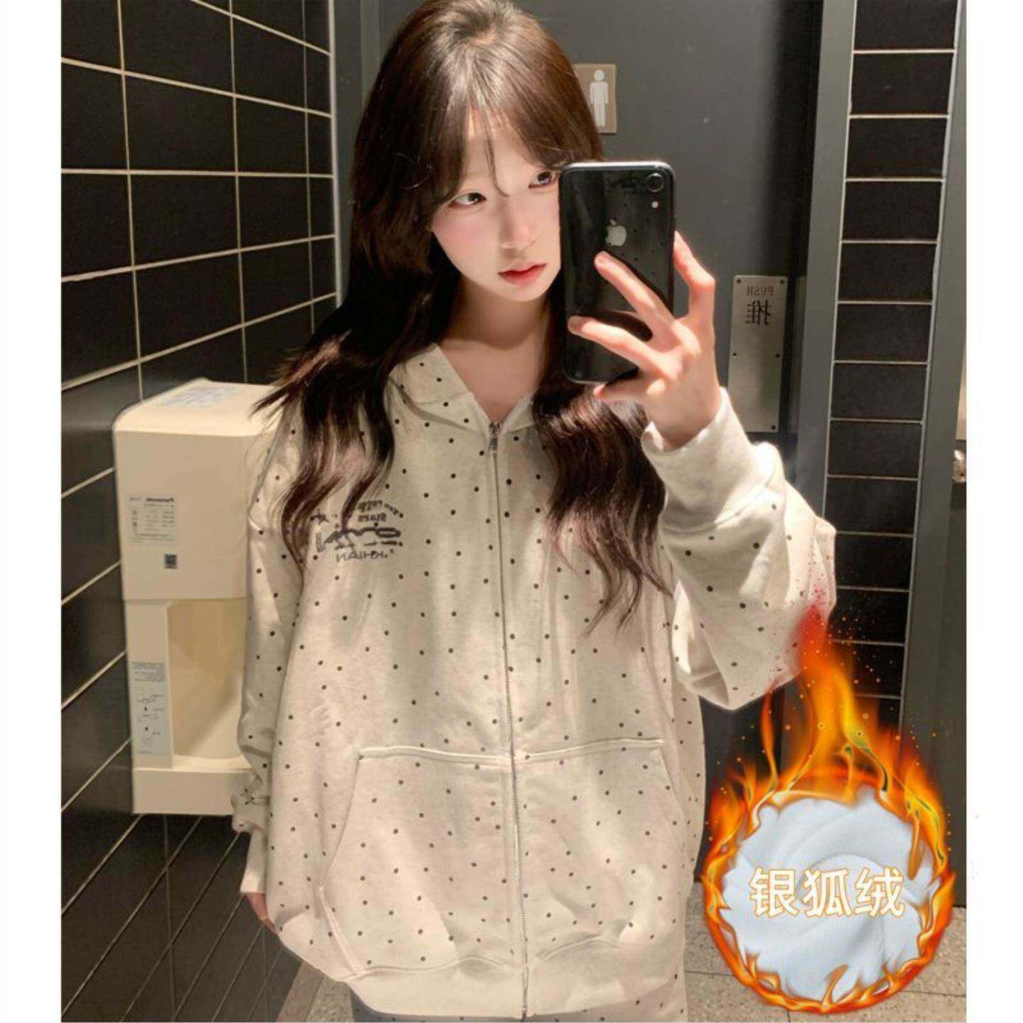 美式复古波点印花连帽卫衣女秋冬新款设计感学生宽松拉链字母外套